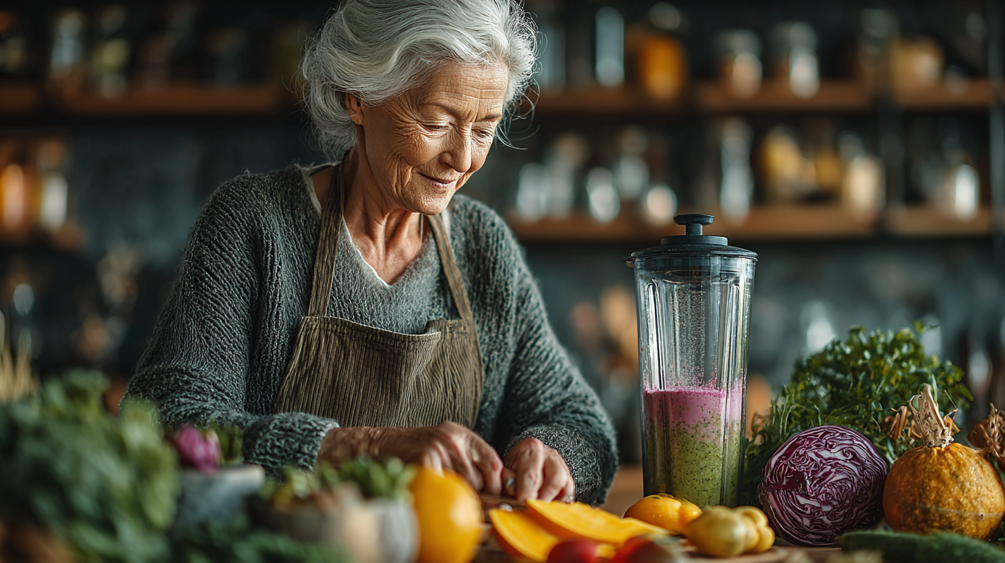 Старша жінка з усмішкою готує салат з свіжих овочів